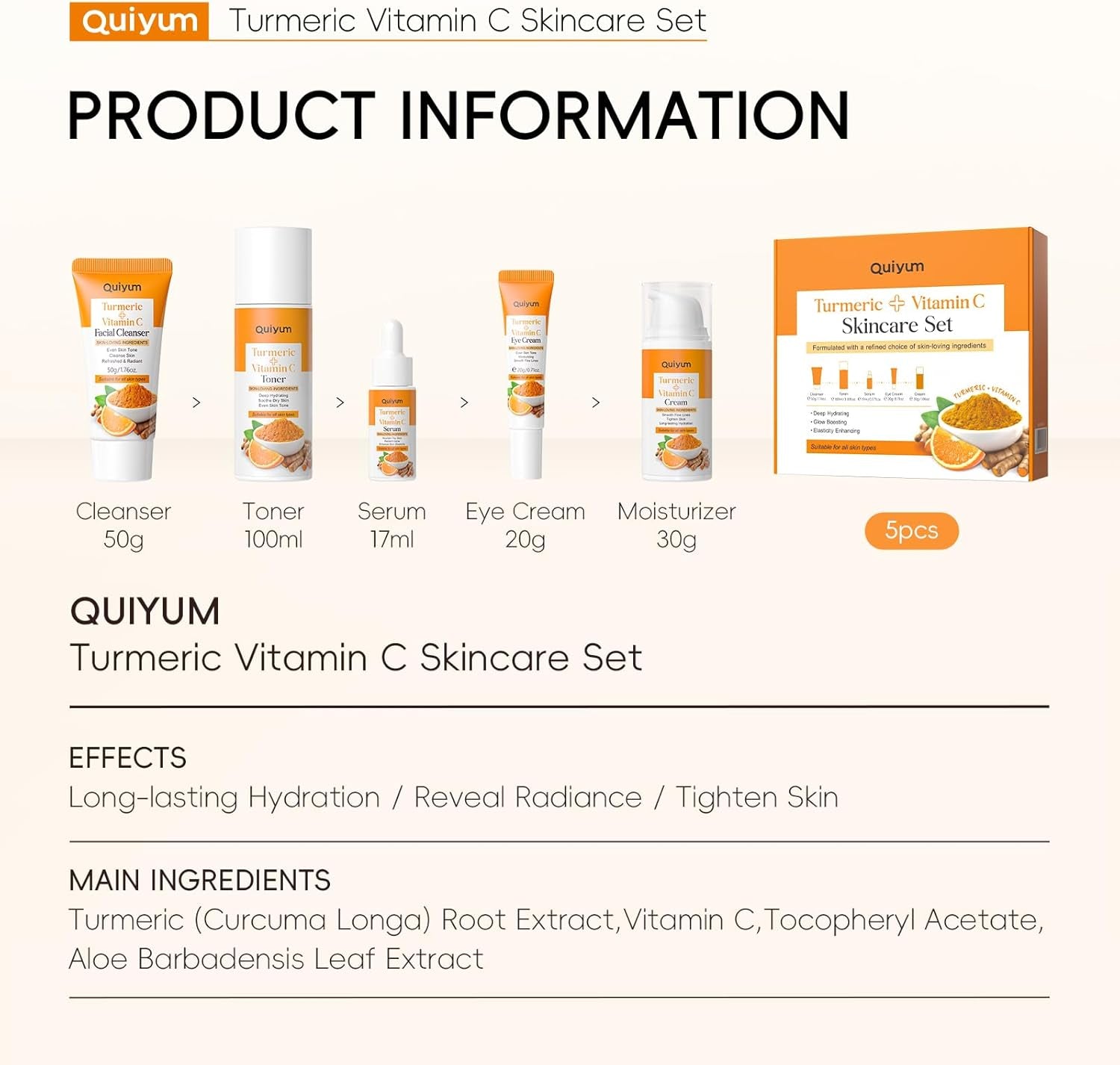 QUIYUM Set De Cuidado Facial Con Cúrcuma Y Vitamina C De 5 Piezas