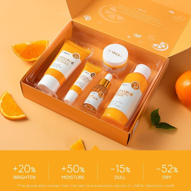 LAIKOU Set Regalo Cuidado De La Piel Mujer, Cuidado De La Piel Con Vitamina C, 5 Piezas Kit Skincare Facial Vitamina C, Limpiador Tónico Suero Crema Para Ojos Crema Facial, Para Adolescentes Y Mujeres