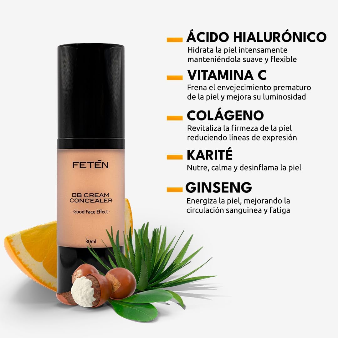 FETEN BB Cream Con Protector Solar - Crema Hidratante Con Color Tono Medio - Corrector Antiojeras - Skincare Base De Maquillaje Facial - Bbcream Antiedad Con Protección Solar Con Ácido Hialurónico