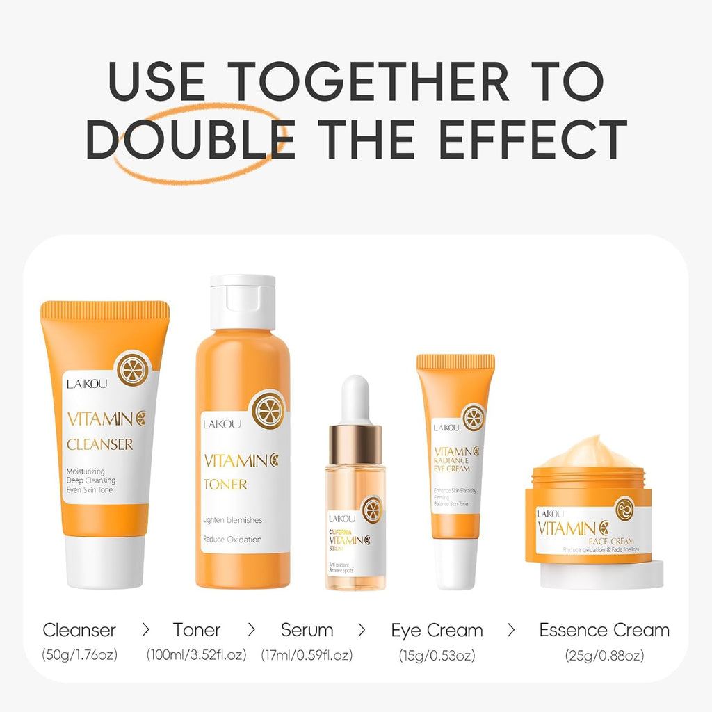 LAIKOU Set Regalo Cuidado De La Piel Mujer, Cuidado De La Piel Con Vitamina C, 5 Piezas Kit Skincare Facial Vitamina C, Limpiador Tónico Suero Crema Para Ojos Crema Facial, Para Adolescentes Y Mujeres