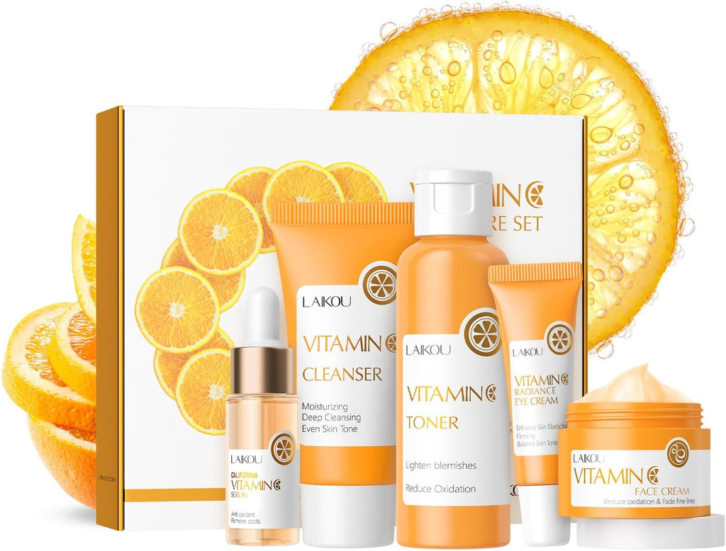 LAIKOU Set Regalo Cuidado De La Piel Mujer, Cuidado De La Piel Con Vitamina C, 5 Piezas Kit Skincare Facial Vitamina C, Limpiador Tónico Suero Crema Para Ojos Crema Facial, Para Adolescentes Y Mujeres
