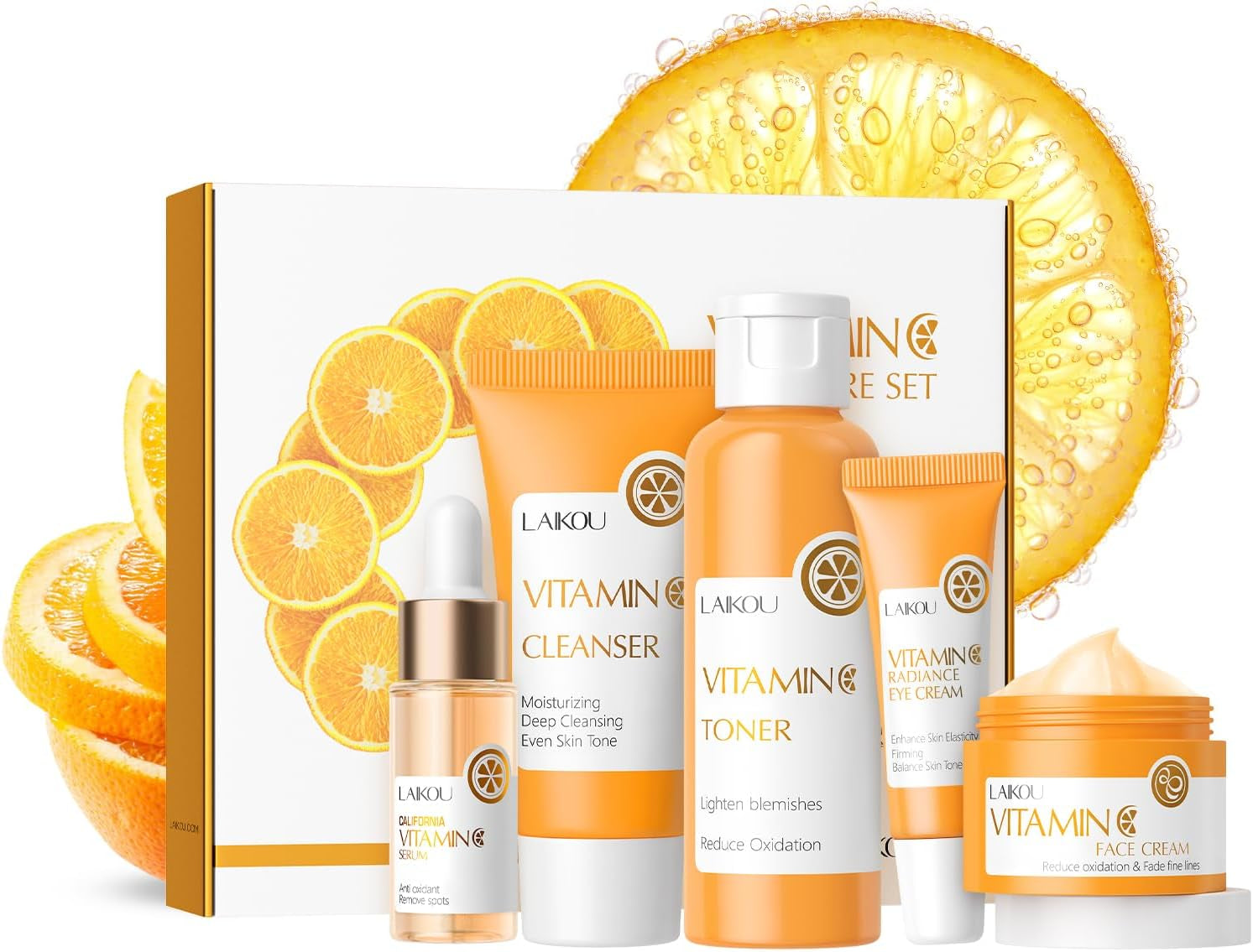 LAIKOU Set Regalo Cuidado De La Piel Mujer, Cuidado De La Piel Con Vitamina C, 5 Piezas Kit Skincare Facial Vitamina C, Limpiador Tónico Suero Crema Para Ojos Crema Facial, Para Adolescentes Y Mujeres