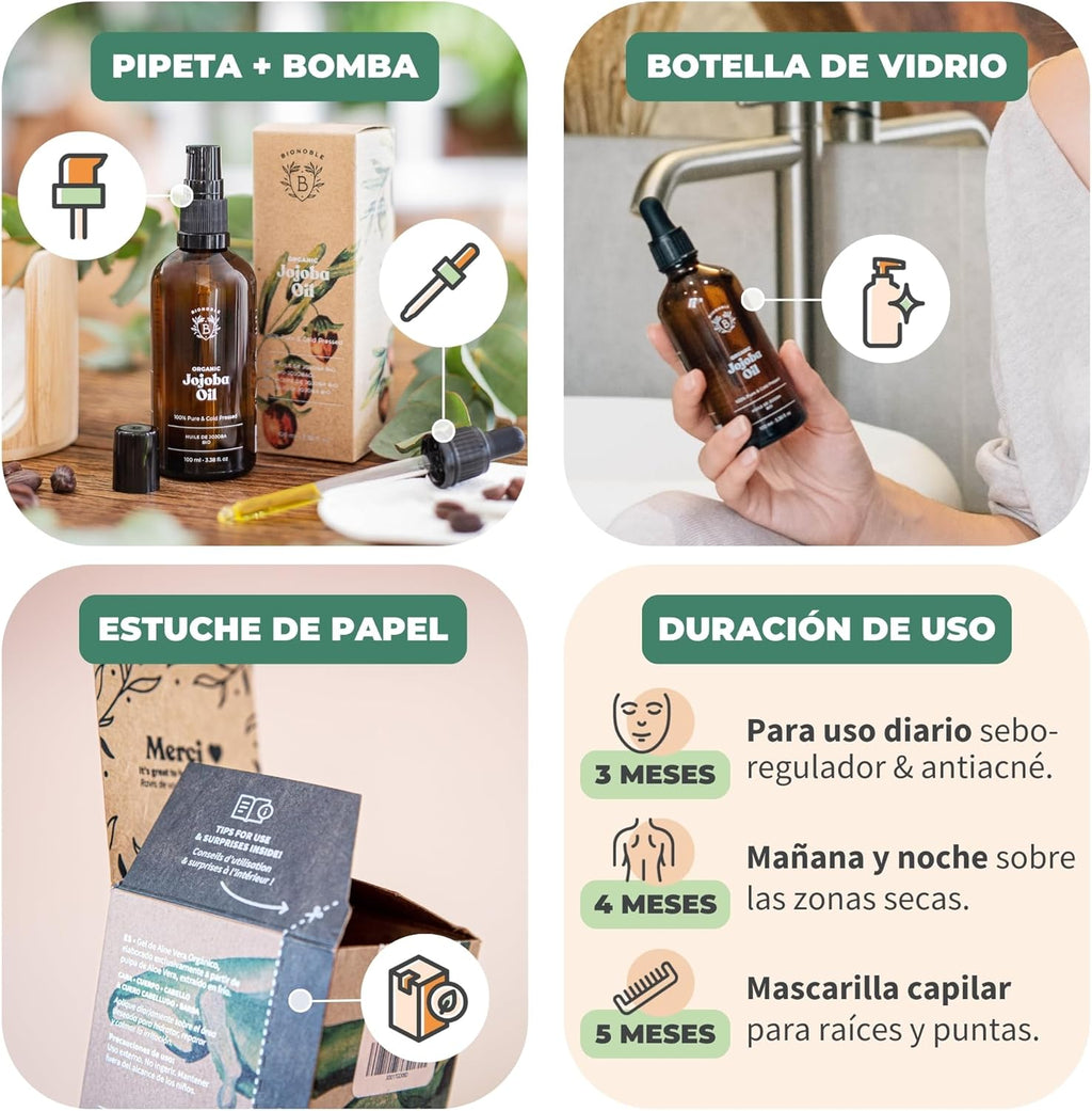 BIONOBLE Aceite De Jojoba 100 Puro Y Natural, Bio - Pelo, Piel - 100Ml