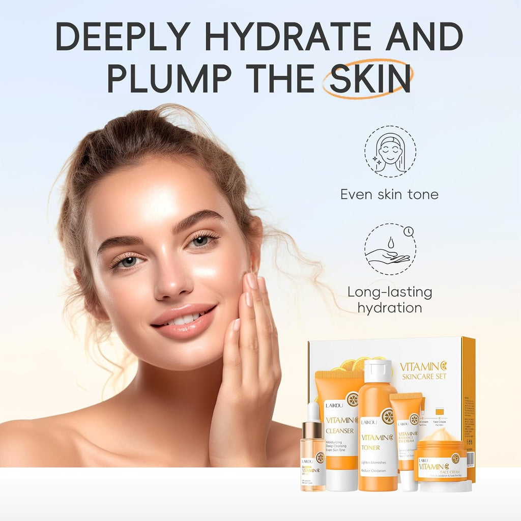 LAIKOU Set Regalo Cuidado De La Piel Mujer, Cuidado De La Piel Con Vitamina C, 5 Piezas Kit Skincare Facial Vitamina C, Limpiador Tónico Suero Crema Para Ojos Crema Facial, Para Adolescentes Y Mujeres