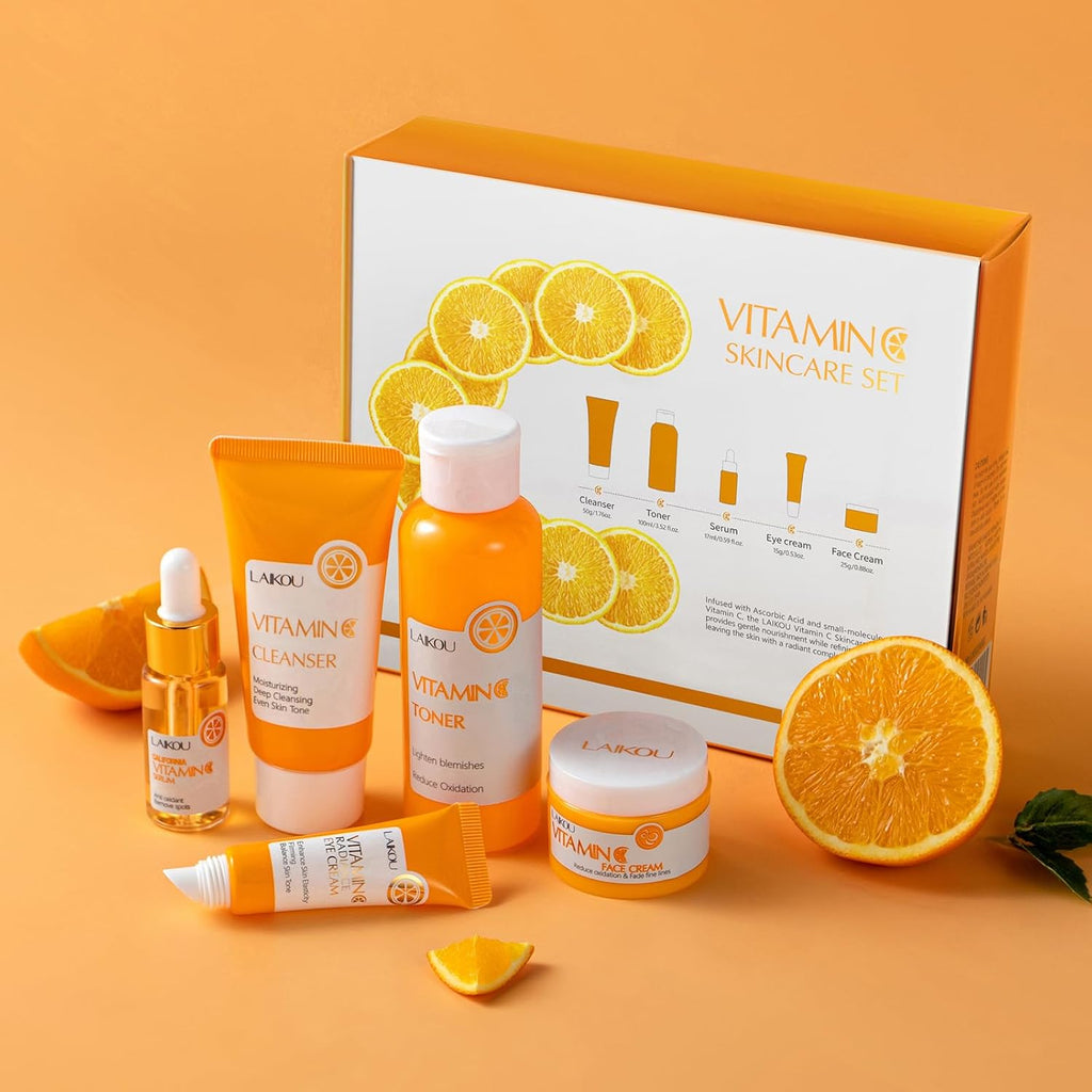 LAIKOU Set Regalo Cuidado De La Piel Mujer, Cuidado De La Piel Con Vitamina C, 5 Piezas Kit Skincare Facial Vitamina C, Limpiador Tónico Suero Crema Para Ojos Crema Facial, Para Adolescentes Y Mujeres