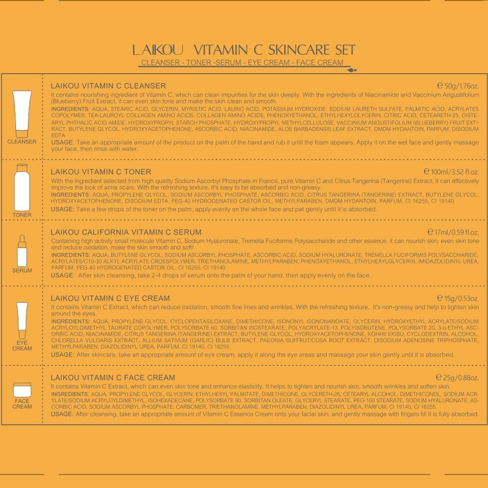 LAIKOU Set Regalo Cuidado De La Piel Mujer, Cuidado De La Piel Con Vitamina C, 5 Piezas Kit Skincare Facial Vitamina C, Limpiador Tónico Suero Crema Para Ojos Crema Facial, Para Adolescentes Y Mujeres